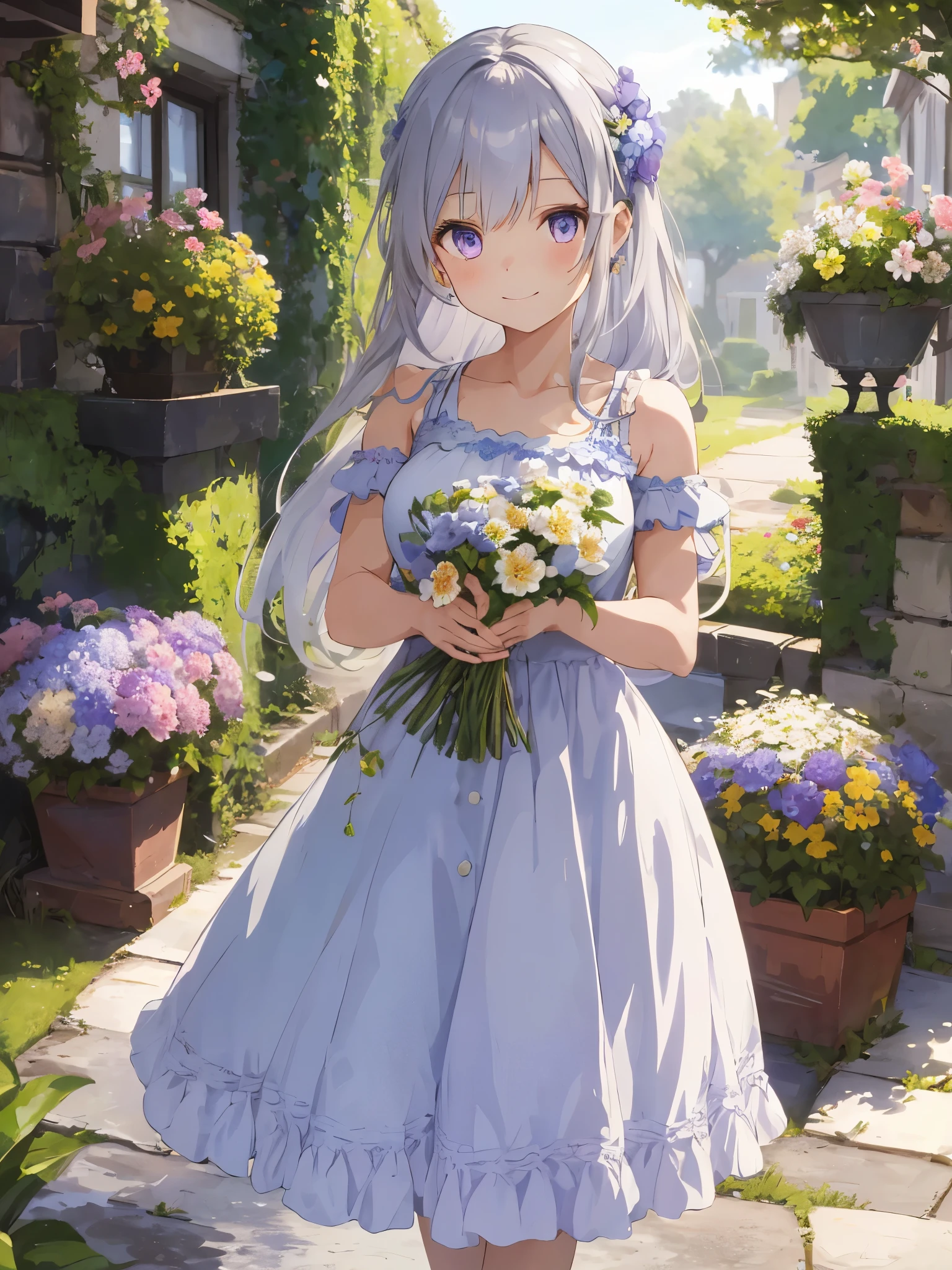 (Best Quality, High resolution, Illustration, Extremely high quality, High Definition, Ultra-fine details), A girl with long silver hair stands in a beautiful garden full of flowers..., Light purple eyes, a slight smile on her face, Holding a large bouquet of flowers, Wearing an ethnic-style dress with cute ruffles on the shoulders, Hair swaying in the wind、Multicolored bouquet
