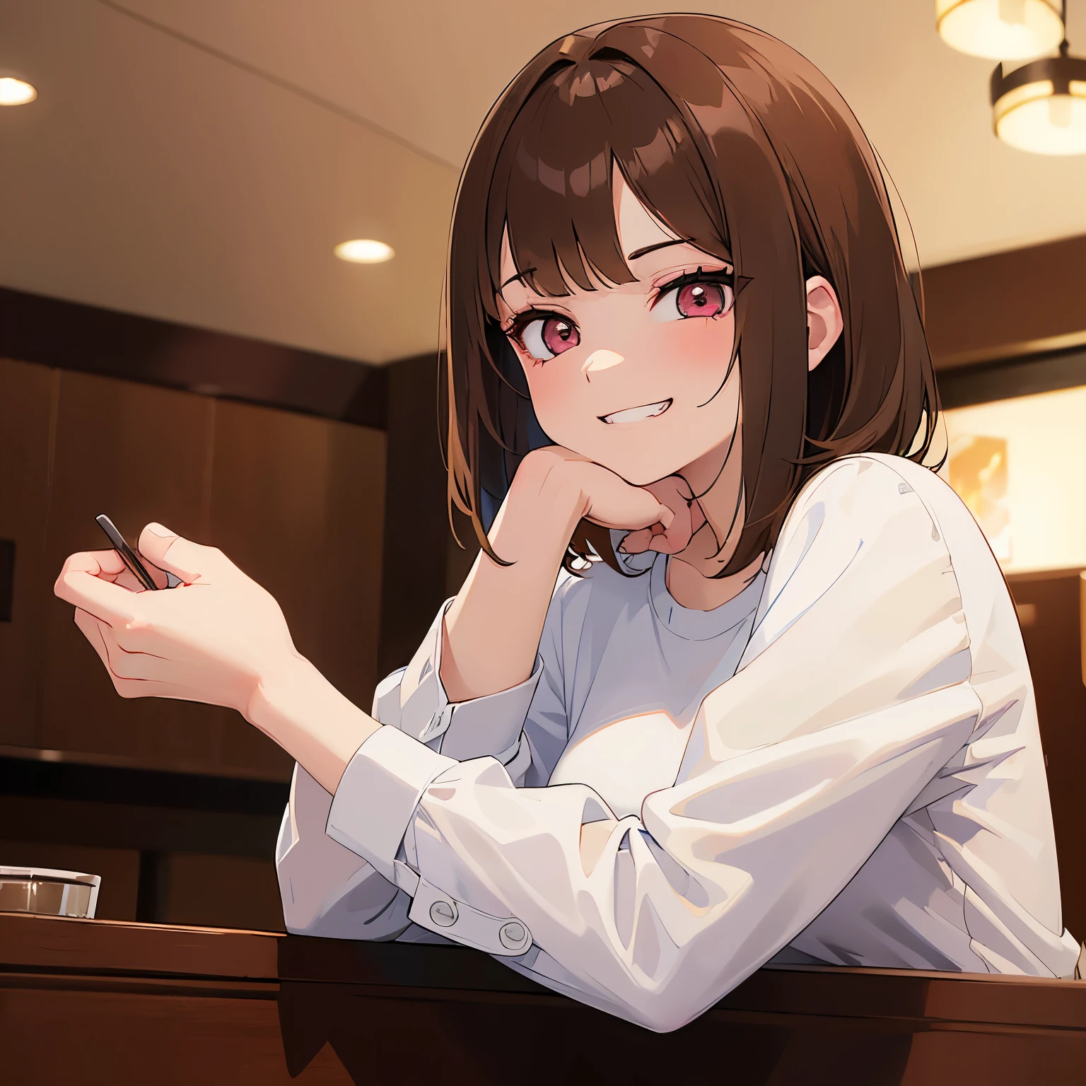 Resting chin in hand, masterpiece、top-quality、 (Medium hair with brown bangs:1.5), 25 year old woman with pink eyes、white shirt、(evil grin:1.3)、(Staring:1.1)、sitting on、The background is a restaurant、Bold composition、Upper body is shown、Alone、