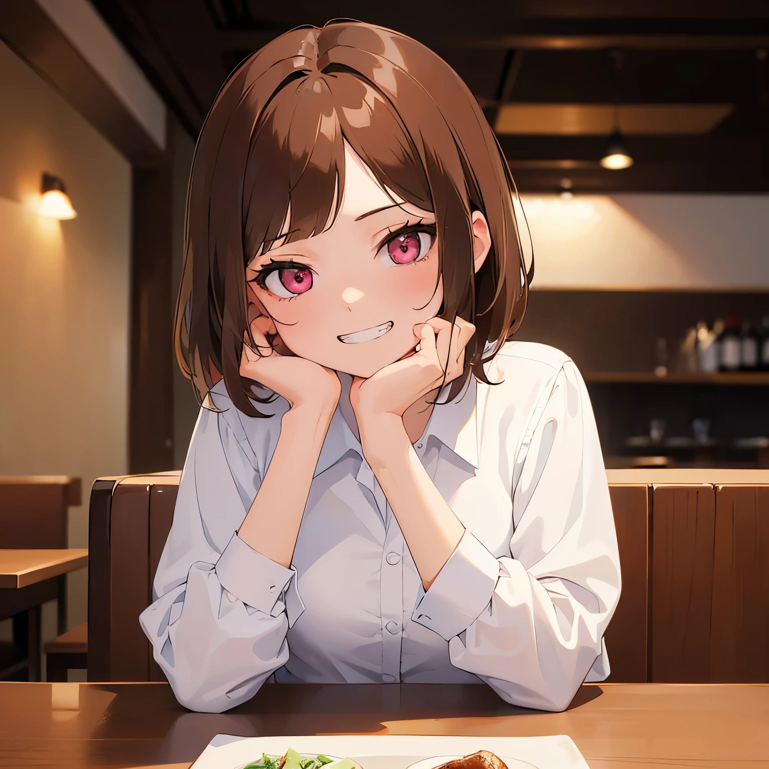 Resting chin in hand, masterpiece、top-quality、 (Medium hair with brown bangs:1.5), 25 year old woman with pink eyes、white shirt、(evil grin:1.3)、(Staring:1.1)、sitting on、The background is a restaurant、Bold composition、Upper body is shown、Alone、