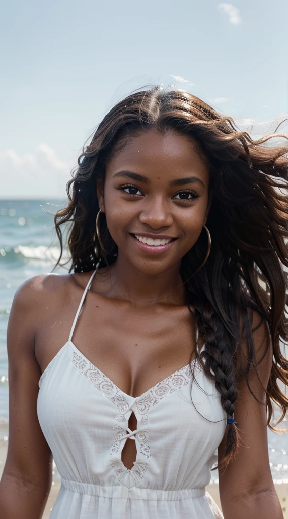 realistic portrait of a beautiful woman with dark brown skin, cute smile, slightly sparkling light blue eyes, model face, asymmetrical face, full mouth, long braided curly hair, white lace dress, running in the water on the beach, pose for photos, wind messy hair, clean photo, sharp image, 8k, iso 100