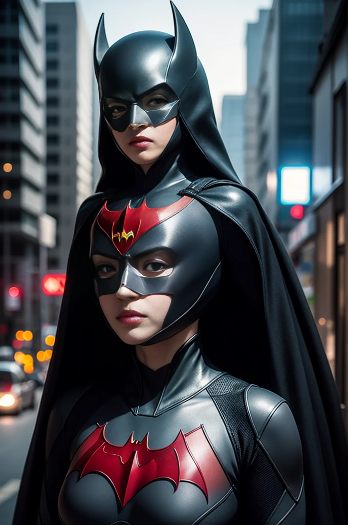 8K, Masterpiece, Raw Photo, Highest Quality, Photorealistic, High Definition CG Unity 8K Wallpaper, Depth of Field, Cinematic Light, Lens Flare, Ray Tracing, Full Body Portrait, (Extremely Beautiful Face, Beautiful Lipatwoman costume (exactly Batwoman), short black hair and brown eyes, town, futuristic city, Asian woman, no mask, mask less
