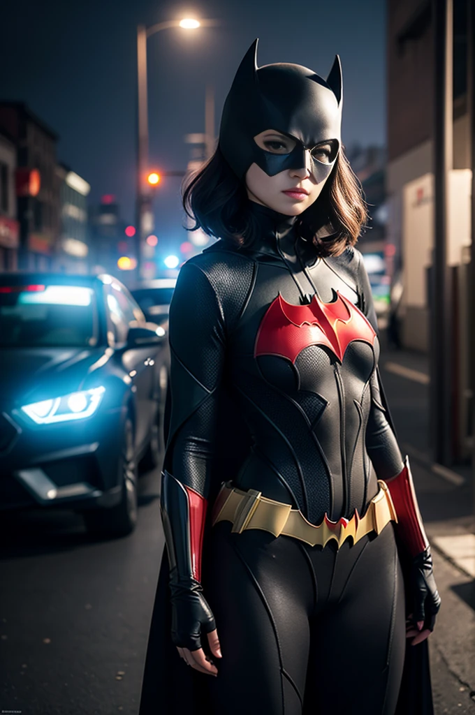 8K, Masterpiece, Raw Photo, Highest Quality, Photorealistic, High Definition CG Unity 8K Wallpaper, Depth of Field, Cinematic Light, Lens Flare, Ray Tracing, Full Body Portrait, (Extremely Beautiful Face, Beautiful Lipatwoman costume (exactly Batwoman), short black hair and brown eyes,  town, futuristic city, Asian woman, no mask, mask less