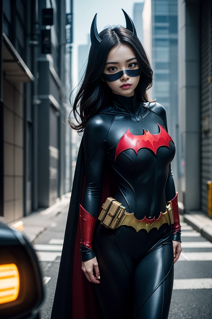 8K, Masterpiece, Raw Photo, Highest Quality, Photorealistic, High Definition CG Unity 8K Wallpaper, Depth of Field, Cinematic Light, Lens Flare, Ray Tracing, Full Body Portrait, (Extremely Beautiful Face, Beautiful Lipatwoman costume (exactly Batwoman), short black hair and brown eyes, town, futuristic city, Asian woman, no mask, mask less