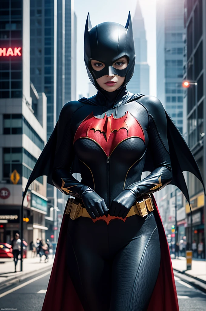 8K, Masterpiece, Raw Photo, Highest Quality, Photorealistic, High Definition CG Unity 8K Wallpaper, Depth of Field, Cinematic Light, Lens Flare, Ray Tracing, Full Body Portrait, (Extremely Beautiful Face, Beautiful Lipatwoman costume (exactly Batwoman), short black hair and brown eyes,  town, futuristic city, Asian woman, no mask, mask less