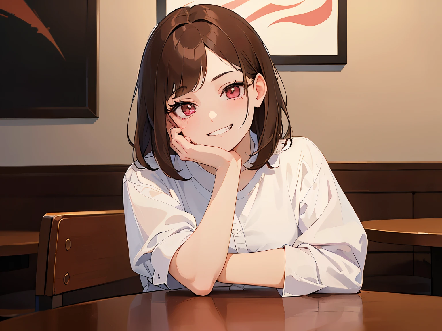 Resting chin in hand, ​masterpiece、top-quality、 (Medium hair with brown bangs:1.5), 25 year old woman with pink eyes、white  shirt、(evil grin:1.3)、(Staring:1.1)、sitting on、The background is a restaurant、Bold composition、Upper body is shown、Alone、
