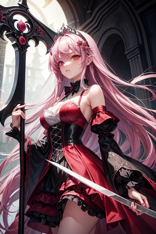 1girl, 18 years old, long pink hair, red eyes, holding a silver scythe, red short long dress, princess death, momento mori hair clip