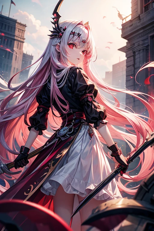1girl, 18 years old, long pink hair, red eyes, holding a silver scythe, red short long dress, princess death, momento mori hair clip