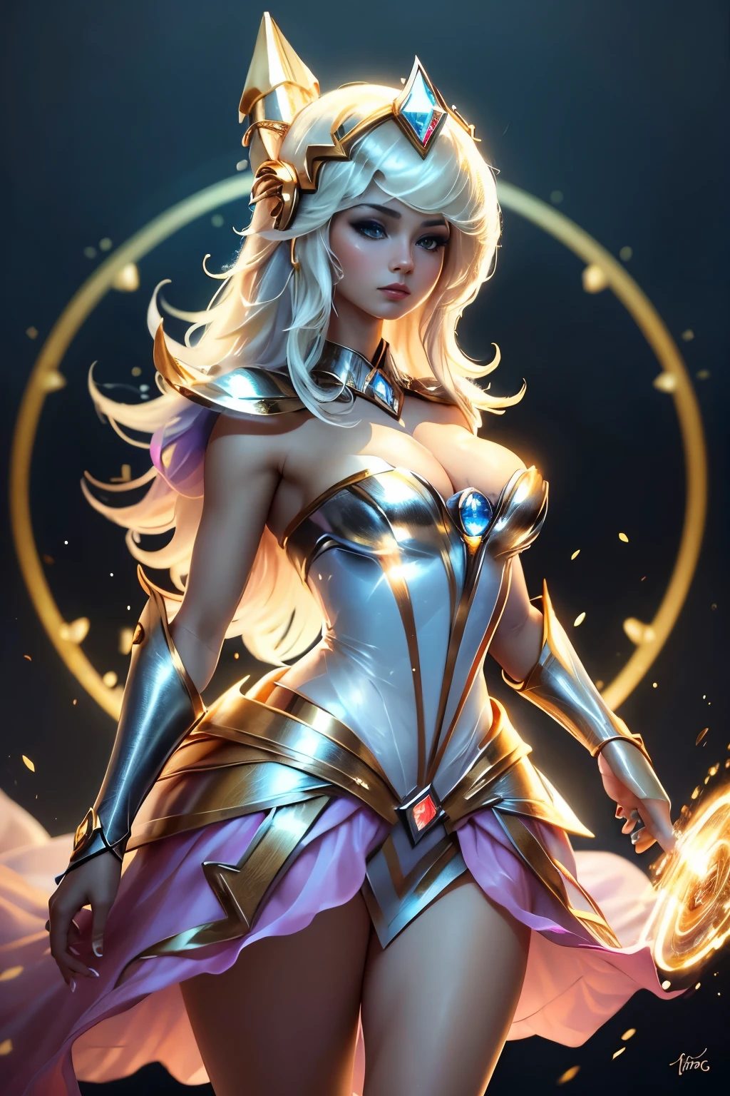 solamente, Super fine photo, Unreal Engine 5 8K UHD digital art portrait of a girl, Arte conceptual, character concept design, wearing a tight, shiny white dress with metallic details, corona de oro, ojos azules, fantasy princess, guante metalico, cabello largo y rubio, La mejor calidad, Obra maestra, Super detailed, foco nítido, pose femenina