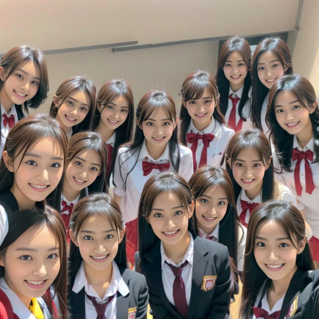 Raw photo、(((multiple girls))),((((6+girls)))),((((100girls)))),((((1000girls))))、((((100 Girls))))、Women only、((Everyone has the same face)),((matching school uniform))、、Long black hair、japanes、100 cute high school girls、a smile、Classroom、selfee、same person、(((Large group)))、High school students