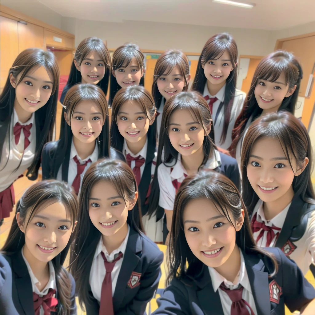 Raw photo、(((multiple girls))),((((6+girls)))),((((100girls)))),((((1000girls))))、((((100 Girls))))、Women only、((Everyone has the same face)),((matching school uniform))、17 years old、Long black hair、japanes、100 cute high school girls、a smile、‎Classroom、selfee、same person、(((Large group)))、High school students