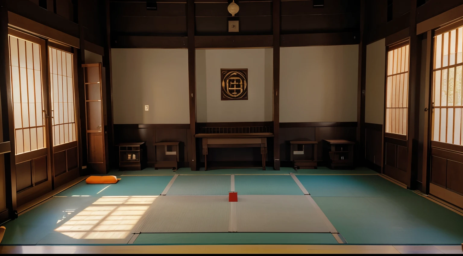 there is a room with many windows and wooden floors, em um dojo, inspired by Kanō Shōsenin, Akihiko Yoshida. Motor irreal, inspired by Baiōken Eishun, Inspired by Sesshū Tōyō, Fundo do templo zen, inspired by Kanō Hōgai