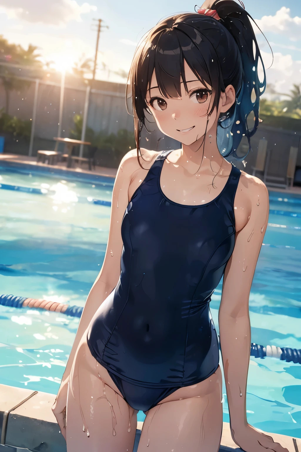 (masutepiece:1.2), (Best Quality:1.1), (hyper detailed illustration),(beautiful artwork), Teenager girl,(School swim wear), 1girl, (School Swimsuit:1.3), onepiece swimsuit, Outdoors, Long hair, Wet, Covered navel, Water, Black hair, (Big smile), Brown eyes, day, Small bust, Bangs, (Wet:1.1),(Water splash:1.1),Facing,(straggling hair),Ponytail,The swimsuit is wet,(Lens Flare),(Tsurime),(Sweat),(Bokeh:1.2),(brown eyes),cowboy shot,(evil smile),(NAVY BLUE school-swimsuit:1.3),sandy beach,contrapposto,arched body,