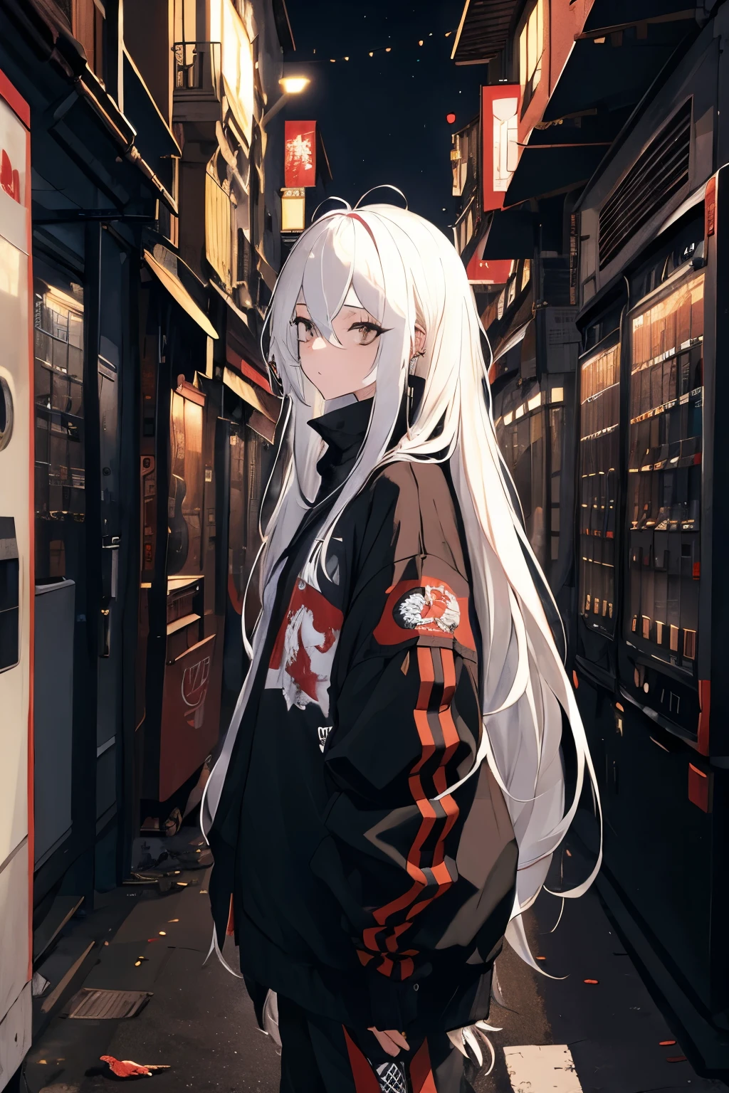 (masterpiece, best quality:1.3), 1girl, white hair, very long hair, messy hair hair over eyes, black eyes, streetwear outfit, alley, vending machine, trash can, air conditioner, night sky, gloomy light, wide shot