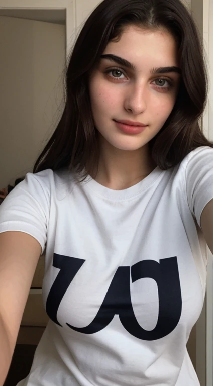 ((Front facing camera selfie)), 18 yo girl named Zahra Amiri, (straight nose), (prominent nose bridge), (female face golden ratios:1.15), long dense dark brown hair, (pale skin:1.25), (hazel eyes), thin eyebrows, high cheekbones, beautiful plump lips, big natural breasts, wearing tshirt, apartment background, smirk