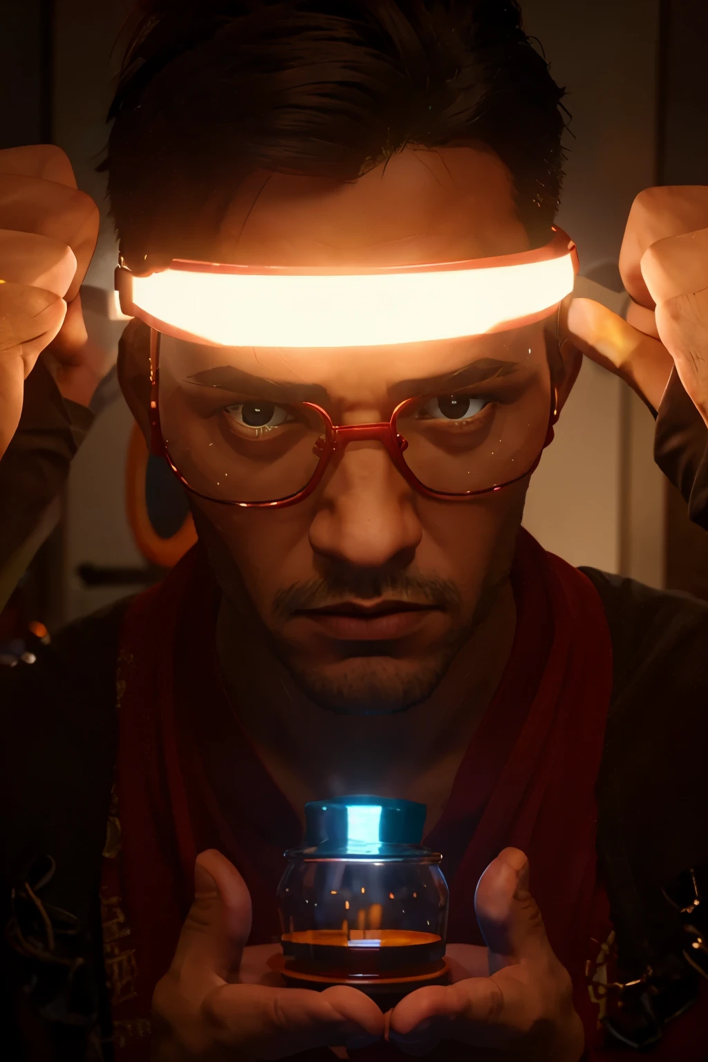 Man creating a miraculous and powerful pill in a dark laboratory and the pill is bright red in color, homem de oculos e cabelos brancos louco full detalhado e 4k detalhado perfecionista