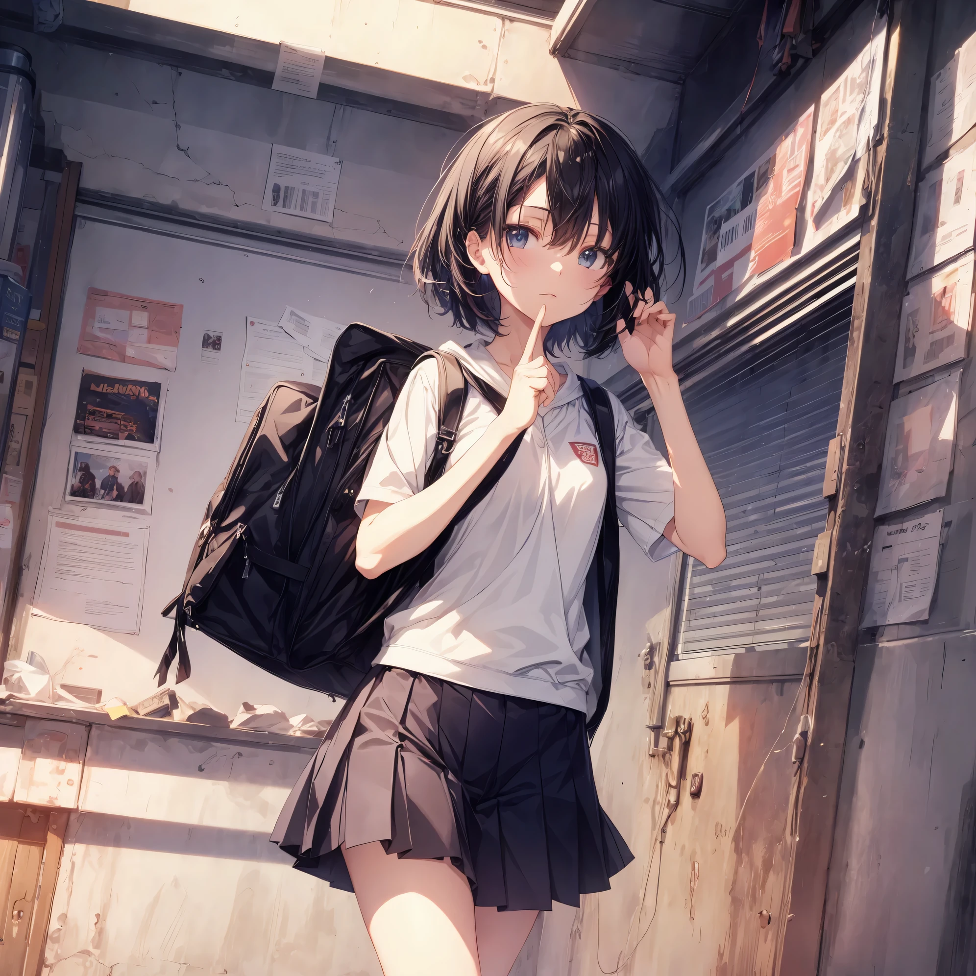 Super high quality by the art god, Ultra-detailed, High resolution, Shinkai Makoto style, anime moe art style, best anime 8K konachan wallpaper, Pixiv Contest Winner, Perfect Anatomy, BREAK,(Please draw a sleepy girl going to school alone.. ),BREAK, a hyperrealistic schoolgirl, (Solo,Lori,child,13years:1.3),Full limbs, complete fingers,a junior high school student, Androgynous attraction, (Very short hair), hair messy, flat chest, Small butt, groin, Small eyes,Beautiful detailed black eyes, Well-proportioned iris and pupils, disgusted eye, High resolution detailed hair, School uniform, Skirt, On the way to school. BREAK,Ultra-detailed細なスキン, Best lighting by famous artists, 8K, Illustration,