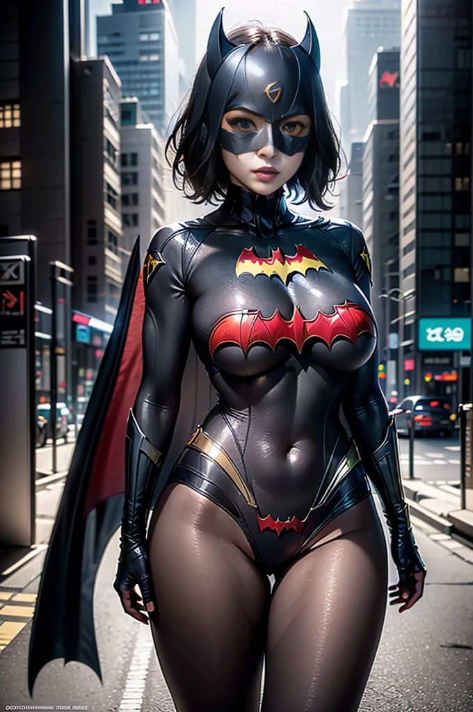 8K, Masterpiece, Raw Photo, Highest Quality, Photorealistic, High Definition CG Unity 8K Wallpaper, Depth of Field, Cinematic Light, Lens Flare, Ray Tracing, Full Body Portrait, (Extremely Beautiful Face, Beautiful Lipatwoman costume (exactly Batwoman), short black hair and brown eyes,  town, futuristic city, Asian woman, no mask, mask less