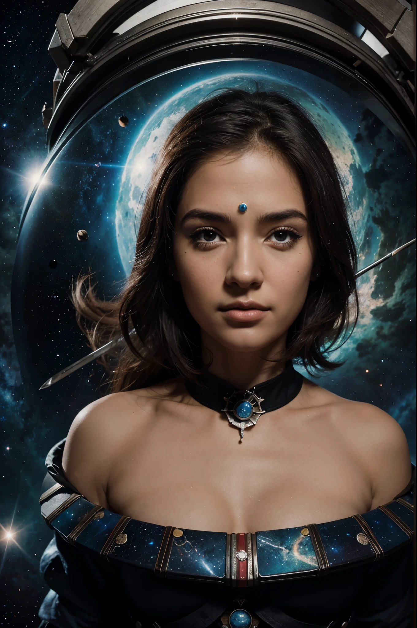 Universo, olho gigante de retina castanha claro, galaxias, anjos voando, swords and books scattered around outer space