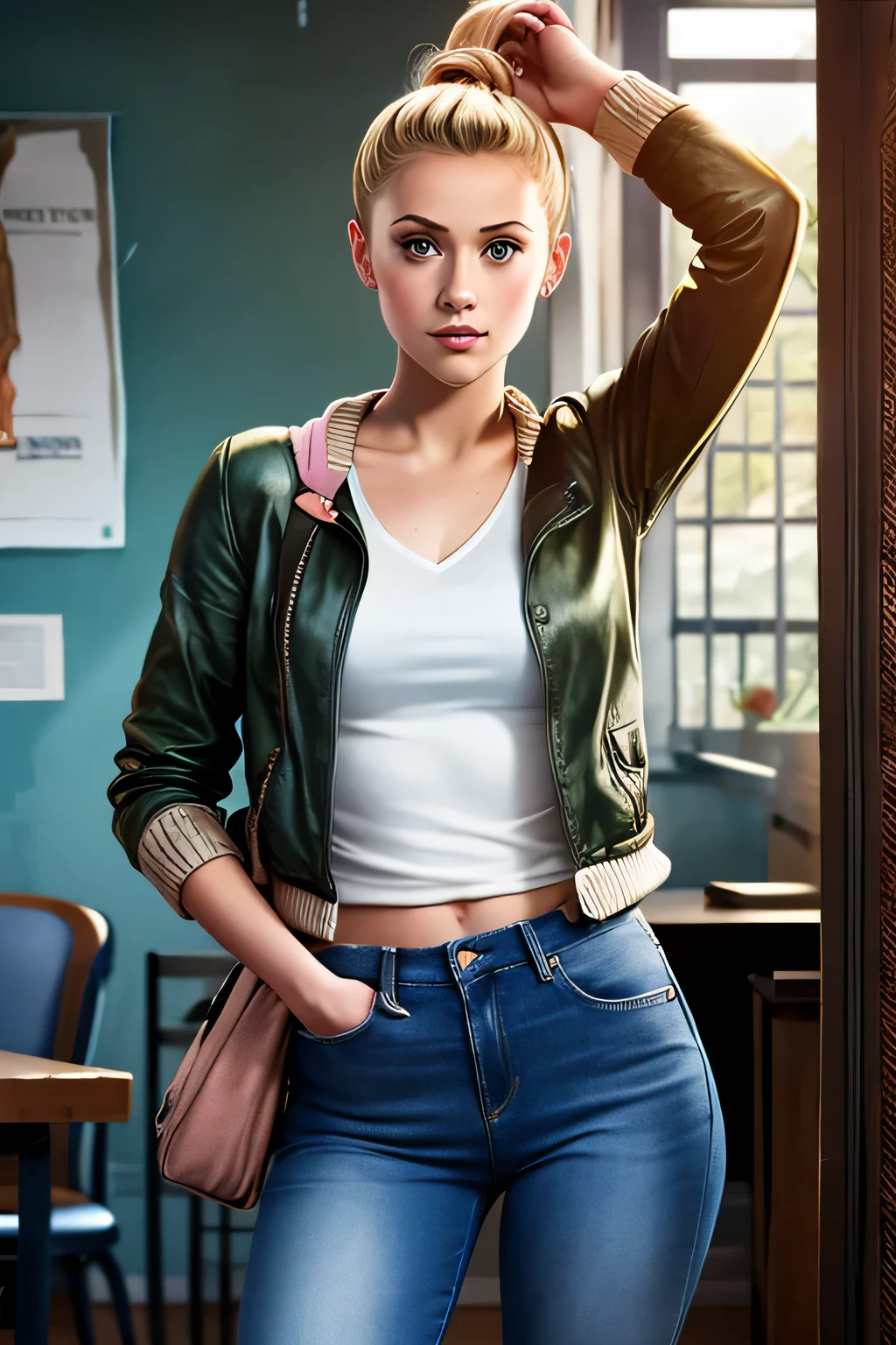 Betty Cooper est l'hero of the Riverdale series. Réfectoire du lycée. Betty is casual and wears jean pants with a pull, petite veste en cuir par dessus.