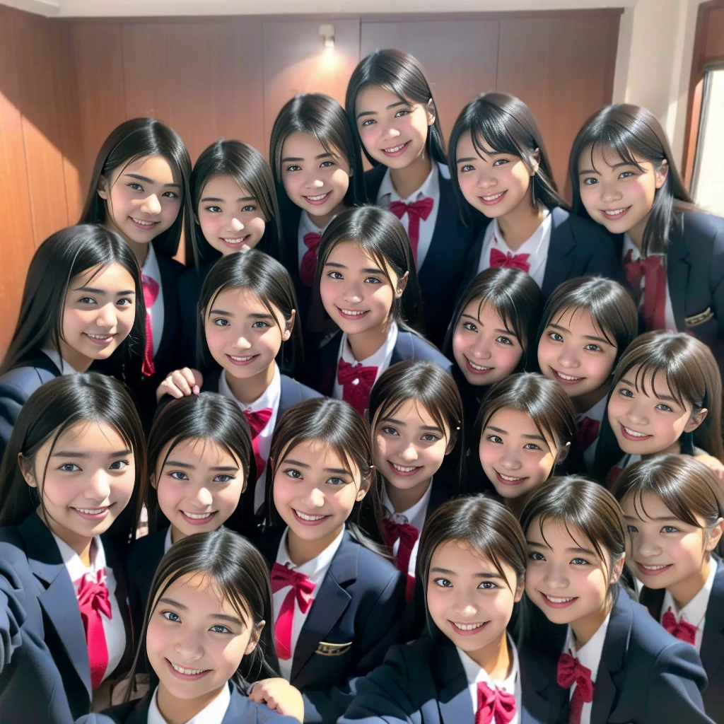 Raw photo、(((multiple girls))),((((6+girls)))),((((100girls)))),((((1000girls))))、((((100 Girls))))、Women only、((Everyone has the same face)),((matching school uniform))、************、Long black hair、japanes、100 cute high school girls、a smile、‎Classroom、selfee、same person、(((Large group)))、High school students