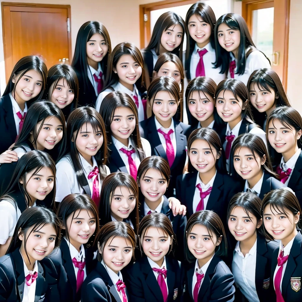 Raw photo、(((multiple girls))),((((6+girls)))),((((100girls)))),((((1000girls))))、((((100 Girls))))、Women only、((Everyone has the same face)),((matching school uniform))、************、Long black hair、japanes、100 cute high school girls、a smile、‎Classroom、selfee、same person、(((Large group)))、High school students