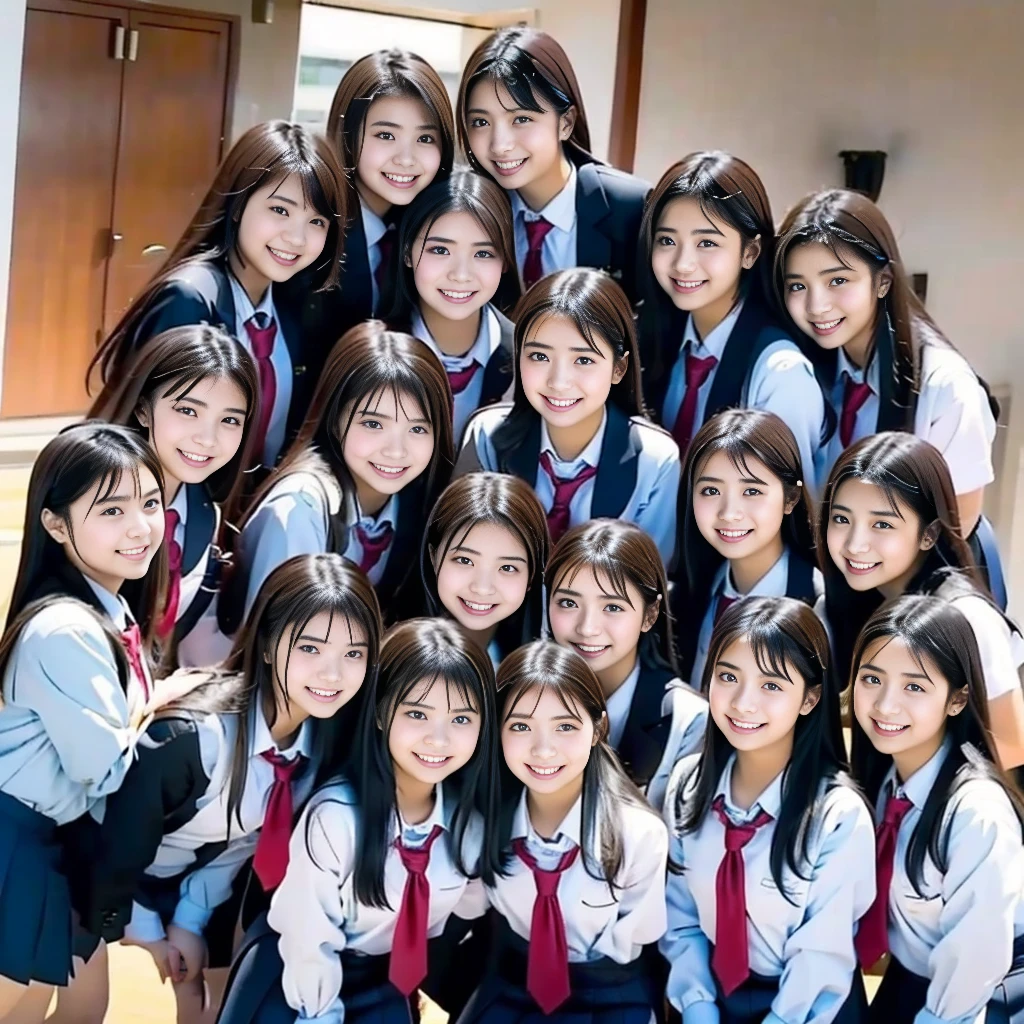 Raw photo、(((multiple girls))),((((6+girls)))),((((100girls)))),((((1000girls))))、((((100 Girls))))、Women only、((Everyone has the same face)),((matching school uniform))、************、Long black hair、japanes、100 cute high school girls、a smile、‎Classroom、selfee、same person、(((Large group)))、High school students