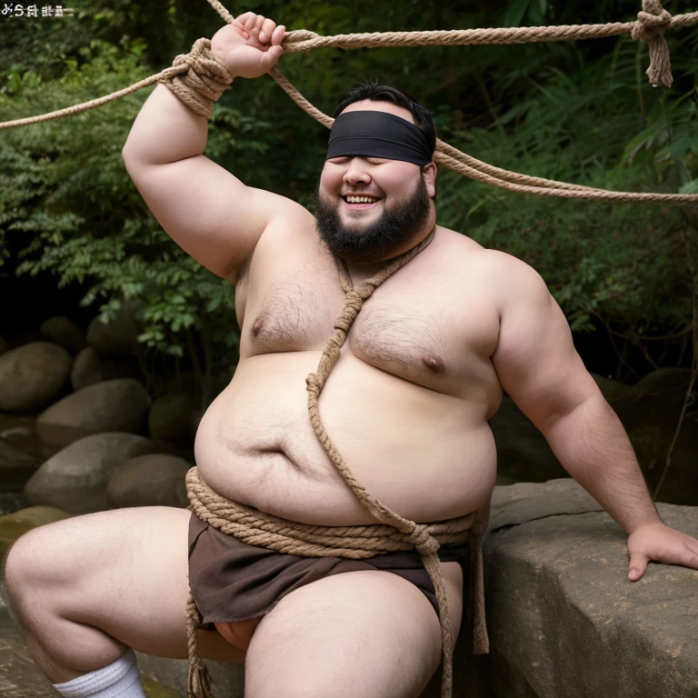 Fat Man. he is naked and wears a tie、Wearing a loincloth... he has a smiling face. His weight is over 100 kg. he is wearing a loincloth. a blindfold completely covers his eyes.. he has a cute face, completely fat, ;I'm only interested in sexual desire. , bear-like body, Tied up, humiliated, excited, Wearing a loincloth, tied with a rope knot, Wearing white socks, being fat