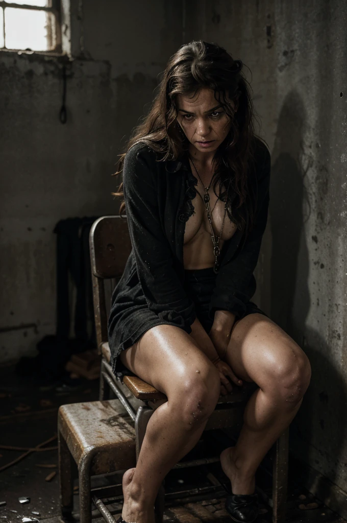 a woman chained to a chair,sitting,detailed face and body,highres,realistic,grim,uncomfortable atmosphere,dark lighting,contrast between light and shadow,emotionally distressed expression,black and white photography,provocative,gritty texture,rough metal chains,cold and damp room,deep wrinkles,expressive eyes,strong impact,isolated room,emotionally charged,desperate,fearful,unhappy,adult content,vulnerable posture,disheveled hair,struggle,neglected appearance,tense atmosphere,lifeless surroundings