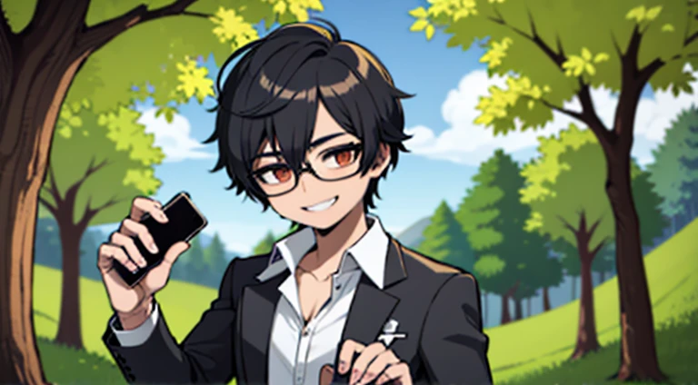 Hombre de cabello negro, colgante de cruz, with phone in one hand , con lentes transparente, ropa formal, guantes blancos, sonriendo, 18yr old, in a park, ojos rojos