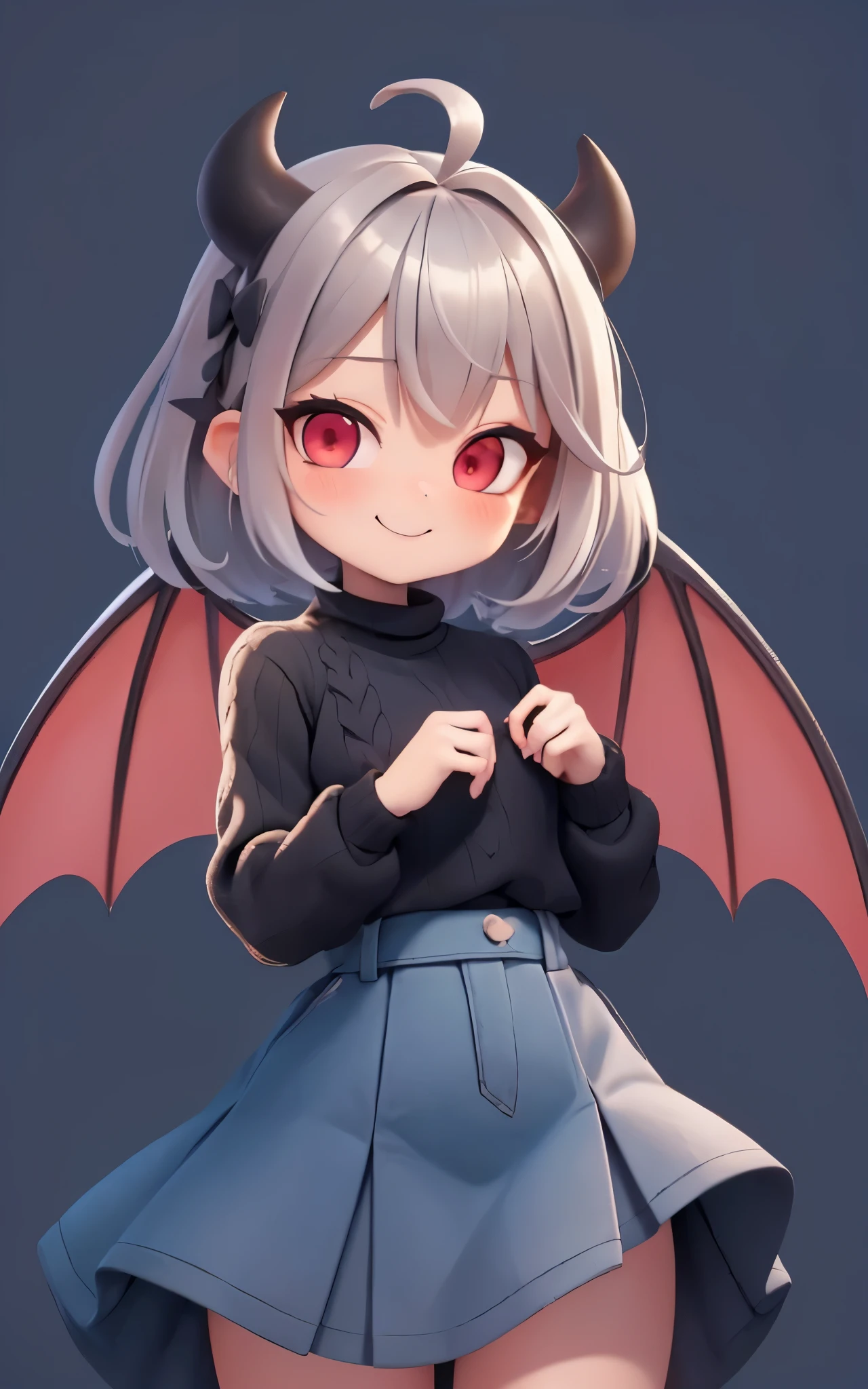 Pixar, 1girl in, (short silver hair:1.5), Eyes are red, Reaching out:1.5, blush, (Ahoge:1.2), eyes gentle, (A smile:1.2), Hair Bow, (Black devil wings and tail grow:1.3), Black sheep horns grow, (Black knitted sweater:1.3), (Denim Long Skirt:1.3), 独奏, Bangs, femele, Upper body