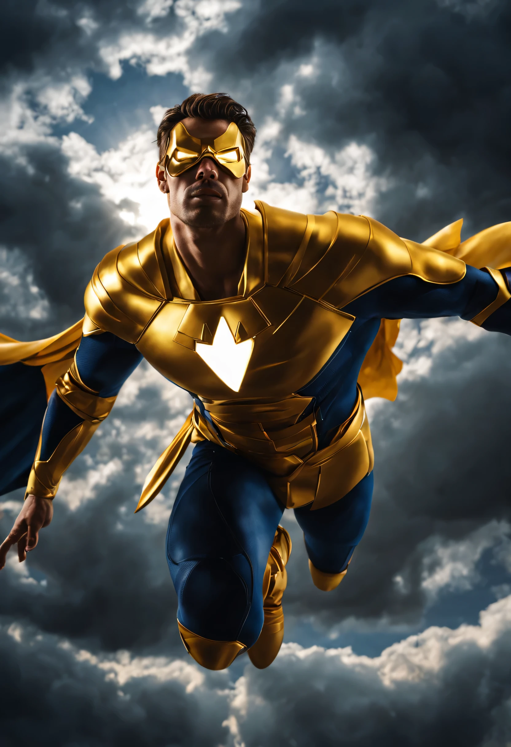 superhero flying through the sky with open arms, Radiating power and confidence. He is wearing a golden suit, that shines brightly as he advances. Os detalhes do traje incluem uma capa longa e fluida, que flutua ao vento enquanto ele voa.
Ao fundo, draw a stormy sky, com nuvens carregadas e trovoes iluminando o horizonte. The sunlight is hidden behind the dark clouds, creating a dramatic contrast between the darkness and brightness of the superhero.
Make sure you draw the superhero with a determined expression, com os olhos focados no horizonte. Sua postura deve ser heroica e poderosa, showing your determination to protect and save the world.