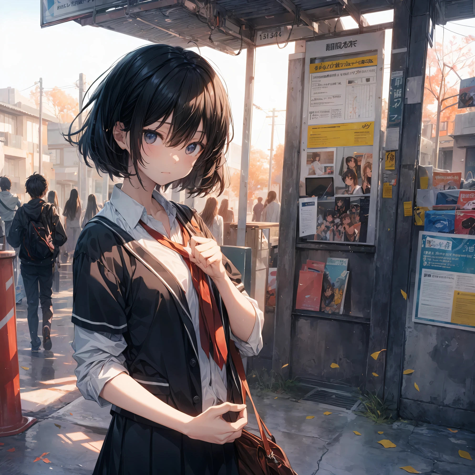 Super high quality by the art god, Ultra-detailed, High resolution, Shinkai Makoto style, anime moe art style, best anime 8K konachan wallpaper, Pixiv Contest Winner, Perfect Anatomy, BREAK,(Please draw a sleepy girl going to school alone.. ),BREAK, a hyperrealistic schoolgirl, (Solo,Lori,child,13years:1.3),Full limbs, complete fingers,a junior high school student, Androgynous attraction, (Very short hair), hair messy, flat chest, Small butt, groin, Small eyes,Beautiful detailed black eyes, Well-proportioned iris and pupils, disgusted eye, High resolution detailed hair, School uniform, Skirt,  On the way to school. BREAK,Ultra-detailed細なスキン, Best lighting by famous artists, 8K, Illustration,
