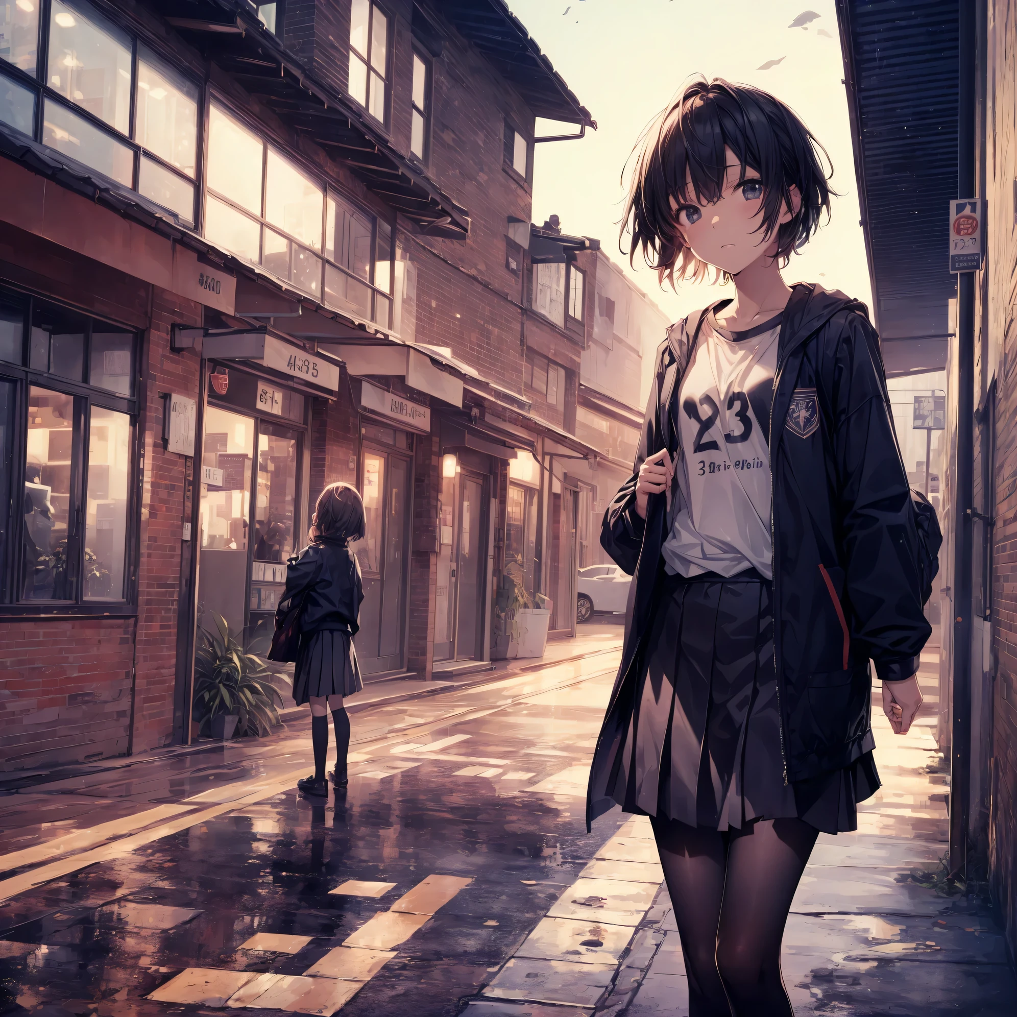Super high quality by the art god, Ultra-detailed, High resolution, Shinkai Makoto style, anime moe art style, best anime 8K konachan wallpaper, Pixiv Contest Winner, Perfect Anatomy, BREAK,(Please draw a sleepy girl going to school alone.. ),BREAK, a hyperrealistic schoolgirl, (Solo,Lori,child,13years:1.3),Full limbs, complete fingers,a junior high school student, Androgynous attraction, (Very short hair), hair messy, flat chest, Small butt, groin, Small eyes,Beautiful detailed black eyes, Well-proportioned iris and pupils, disgusted eye, High resolution detailed hair, School uniform, Skirt, On the way to school. BREAK,Ultra-detailed細なスキン, Best lighting by famous artists, 8K, Illustration,