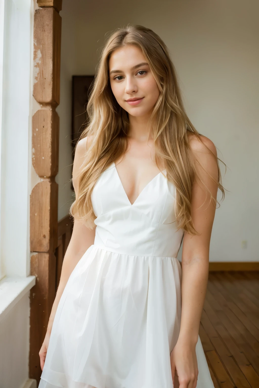 (best quality,4k,8k,highres,masterpiece:1.2),ultra-detailed,(realistic,photorealistic,photo-realistic:1.37),portraits,vivid colors,HDR,ultra-fine painting,sharp focus,physically-based rendering,professional,beautiful woman,blond long hair,fantastic smile,nice dress,expressive eyes,warm sunlight,soft shadows,artistic background,subtle hair highlights,captivating expression,delicate features,graceful pose,elegant posture,colorful flowers,floating petals,endless beauty,serene atmosphere,feminine charm