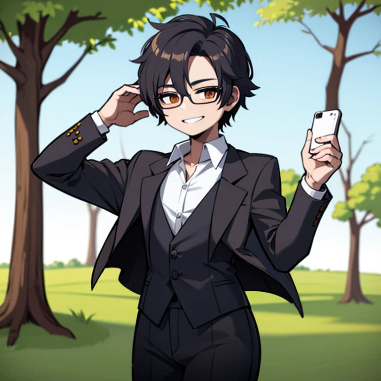 Hombre de cabello negro, colgante de cruz, with phone in one hand , con lentes transparente, ropa formal, guantes blancos, sonriendo, 18yr old, in a park,