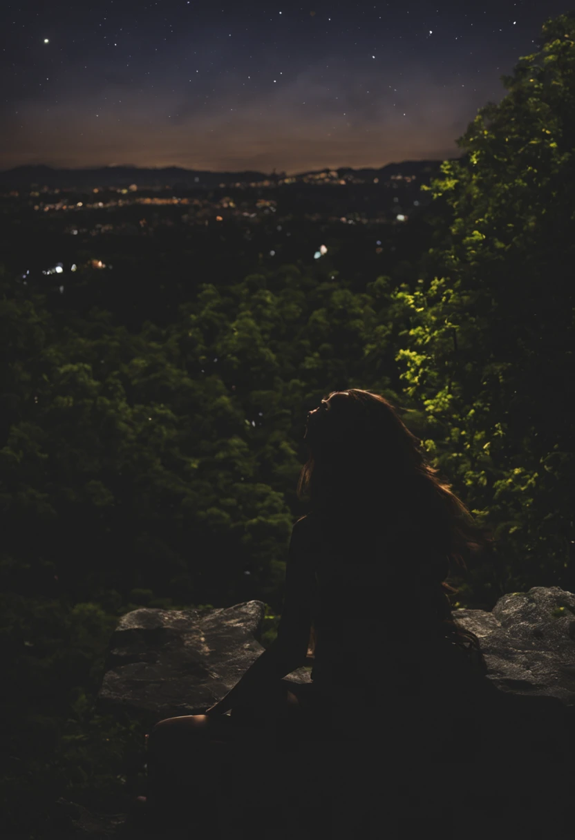 sky, star (sky), scenery, starry sky, night, 1girl, night sky, solo, outdoors, building, cloud, milky way, sitting, tree, long hair, city, silhouette, cityscape