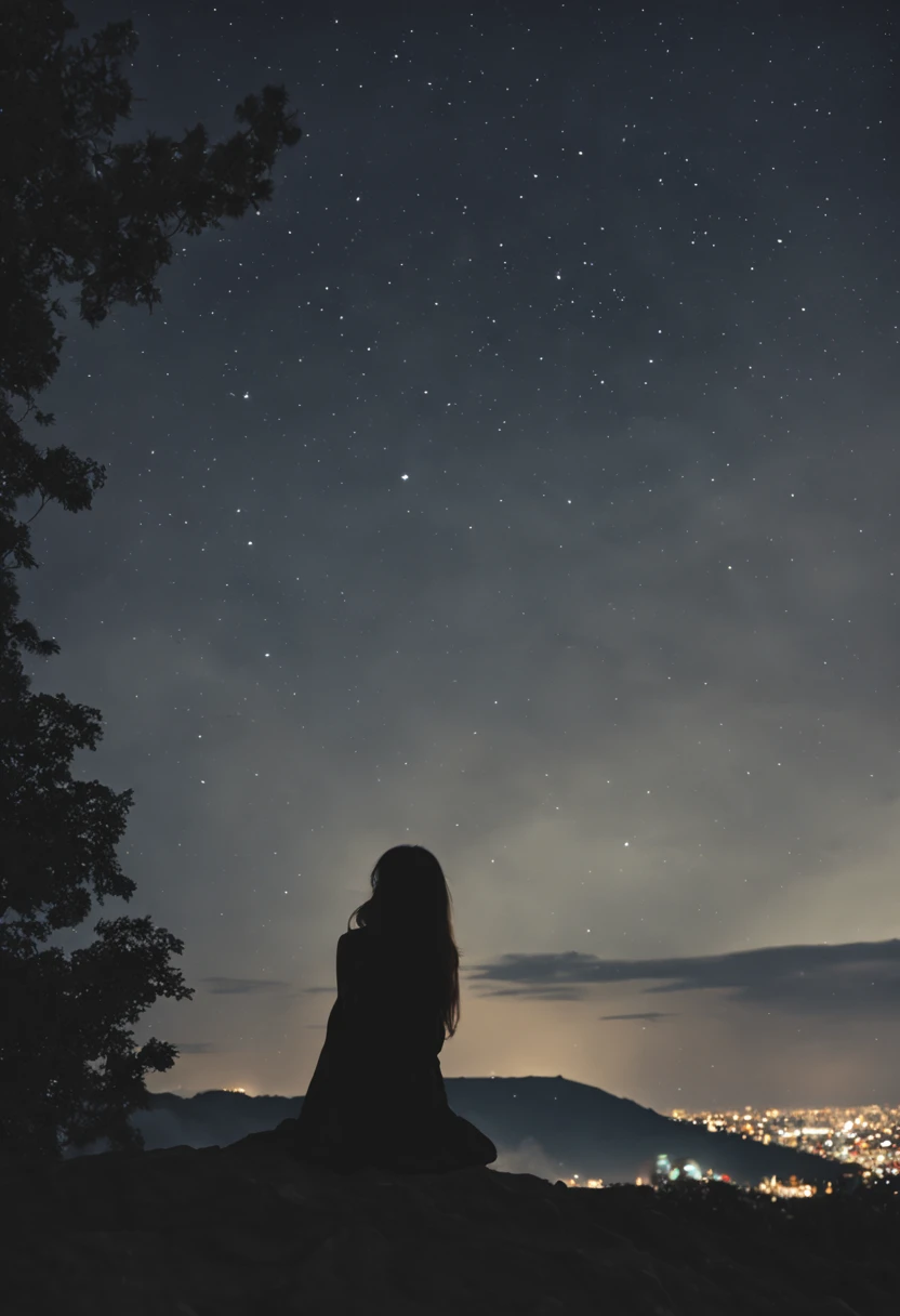 sky, star (sky), scenery, starry sky, night, 1girl, night sky, solo, outdoors, building, cloud, milky way, sitting, tree, long hair, city, silhouette, cityscape