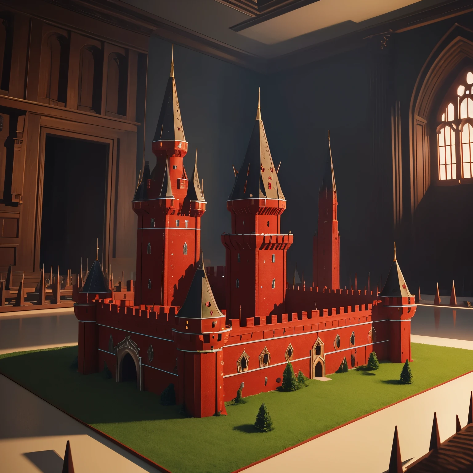 make a large red castle. with walls, towers, and a large cylinder on top of it with spikes coming out of the sides
