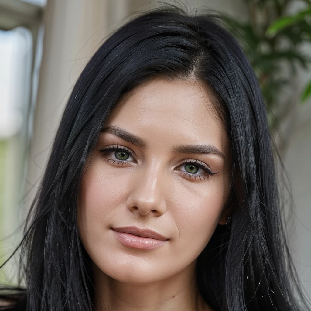 A closeup of a 25 years old beautiful woman with long black hair, she's got black hair, her black hair is wavy, she has got small noise, her skin is pale, she has high cheek and bold lips, her eyebrows are high, her neck is long, detailed skin, detailed green eyes and eyelashes, her face is triangle shape, ultra realistic image, straight face for the camera A naturally beautiful woman, (upper body, (closeup:1.2), head shot), 8K, Raw, UHD,  close up, highly detailed face,