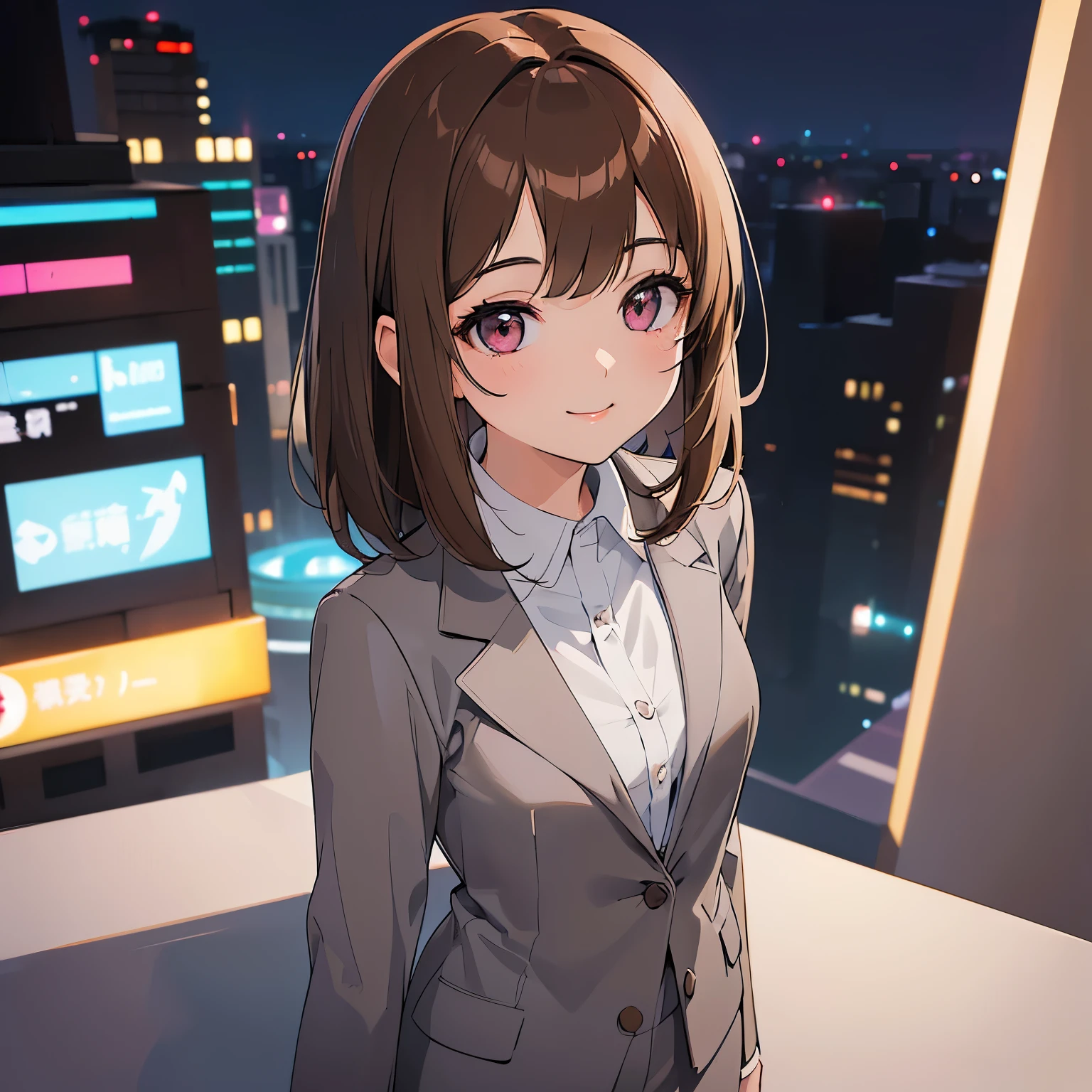 Shooting from above、​masterpiece、top-quality、 (Medium hair with brown bangs:1.5), 25 year old woman with pink eyes、(Wearing a gray suit:1.5)、white round collar shirt、(Smiling expression:1.3)、(Staring:1.1)、is standing、background is city at night、Bold composition、Upper body is shown、Alone、