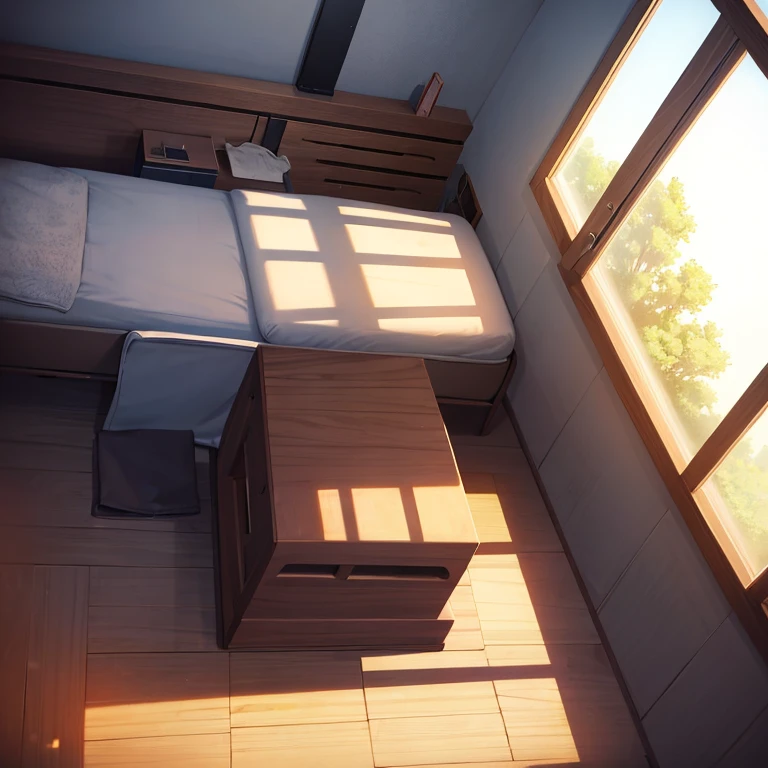 Visualize a serene morning with sunlight gently illuminating Kenji's room. First person view