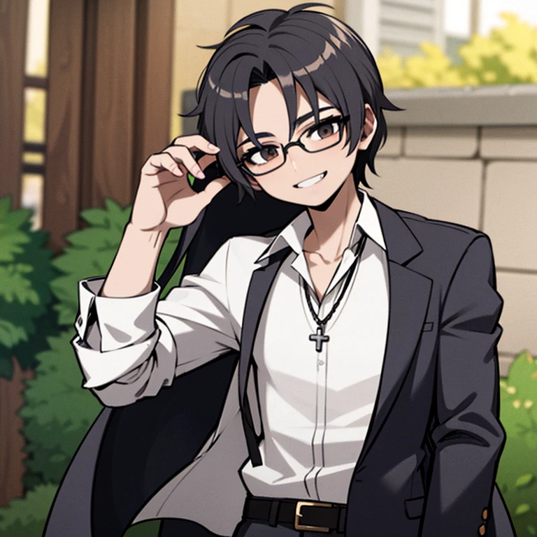 Hombre de cabello negro, colgante de cruz, with phone in one hand , con lentes transparente, ropa formal, guantes blancos, sonriendo, 18yr old, in a park, Masculino, Hombre