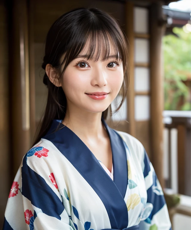 (high-level image quality、ultra-detailliert、Raw photo)、A woman in her 30s wearing a yukata、Kyoto Beauty、A detailed eye、Smile detailed mouth
