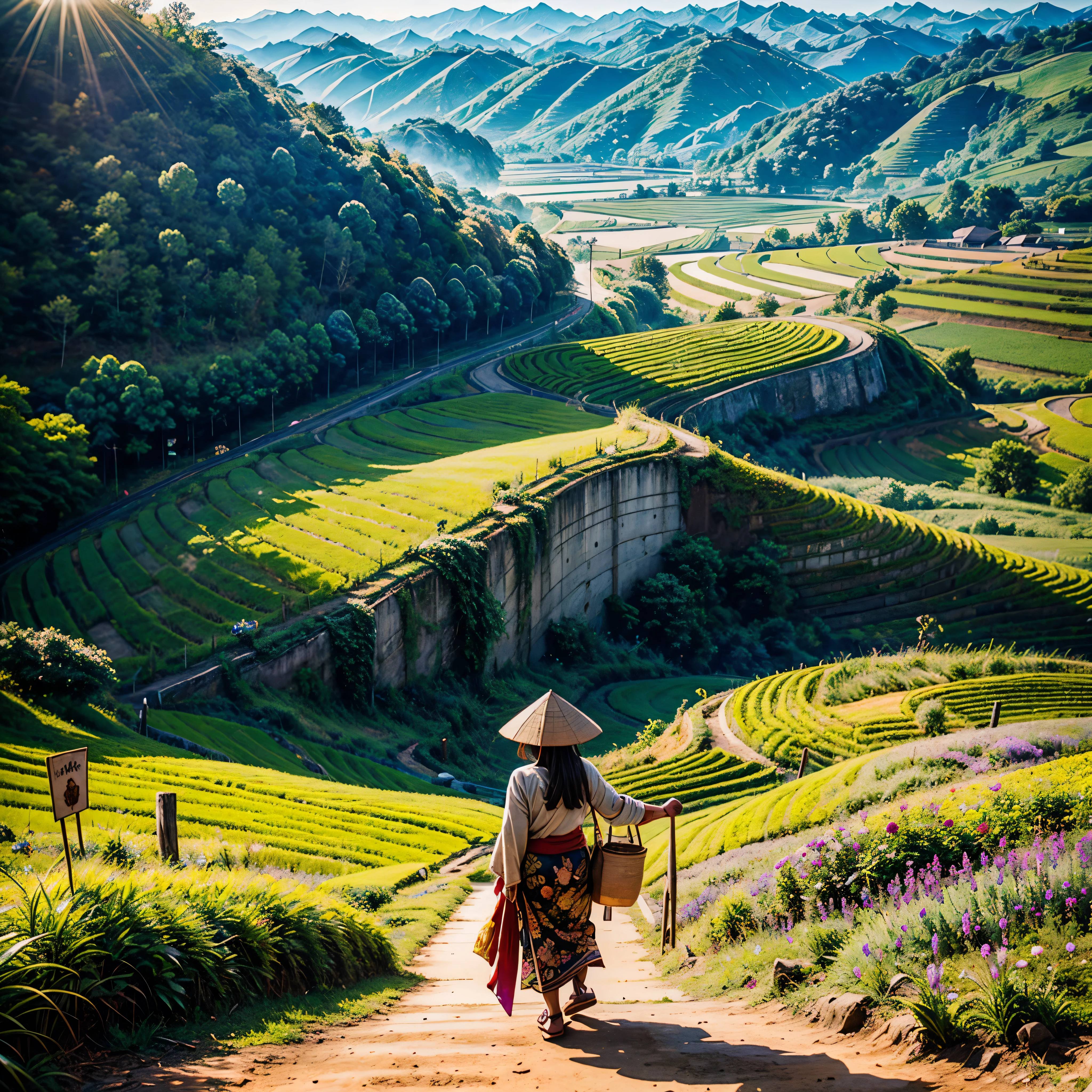 Sunshine Stunning, vibrant colors,deep path equirectangular farm life,scenic Southeast Asia stairs field,farmer working diligently,traditional Vietnamese farmer attire,natural sunlight illuminating the scene,colorful chickens happily pecking the ground,authentic Vietnamese rural setting,lush green rice terraces stretching into the distance,serene and picturesque landscape,peaceful and harmonious atmosphere,farmer's hardworking spirit,traditional farming techniques passed down through generations,cultural richness and heritage of Vietnam,meticulously detailed steps of the stairs field,subtle texture of the terraced fields,layered composition of the agricultural landscape,charming and idyllic countryside scene,immersive view of the rustic scenery,rich cultural context of Southeast Asia,Vietnamese craftsmanship and agricultural traditions shining through,authentic portrayal of the farmer's daily life,diligent caretaker of the land,stunning visual storytelling,emotionally captivating artwork,mesmerizing perspective capturing the essence of the moment,awe-inspiring depiction of the Southeast Asian farming community,inspiring and thought-provoking artwork,immersive and evocative piece of Southeast Asian art,exquisite attention to detail,showcasing the natural beauty and simplicity of rural life,meticulous craftsmanship and precision in each brushstroke,compelling narrative that sparks curiosity and imagination,stunning play of light and shadow across the scenery,evoking a sense of tranquility and serenity,embodying the timeless beauty of Southeast Asia's agricultural landscapes,inviting viewers to experience the charm and authenticity of Vietnam's countryside Unrealengine5 ultra meticulously intricate ultra_high-details ultra_high-def ultra_high-res ultra_high-quality optimal ultra_sharpness ultra_photo-realistic focus perfection accurate volumetric Light varies ❤ multi etc. --s 1000 --c 20 --q 20 --chaos 100