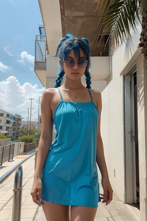 sexy TikTok influencer, cobalt hair, blue hair , teal hair , twintails, piggy tails, wearing a form-fitting earthy brown dress with thin straps, without sunglasses. She is facing away from the camera, with a slight turn of her head revealing oversized sunglasses. She stands on a paved walkway, flanked by a line of palm trees. Behind her is a modern multi-story building with glass balconies, reflecting the clear blue sky. The weather appears sunny, indicating a bright day.