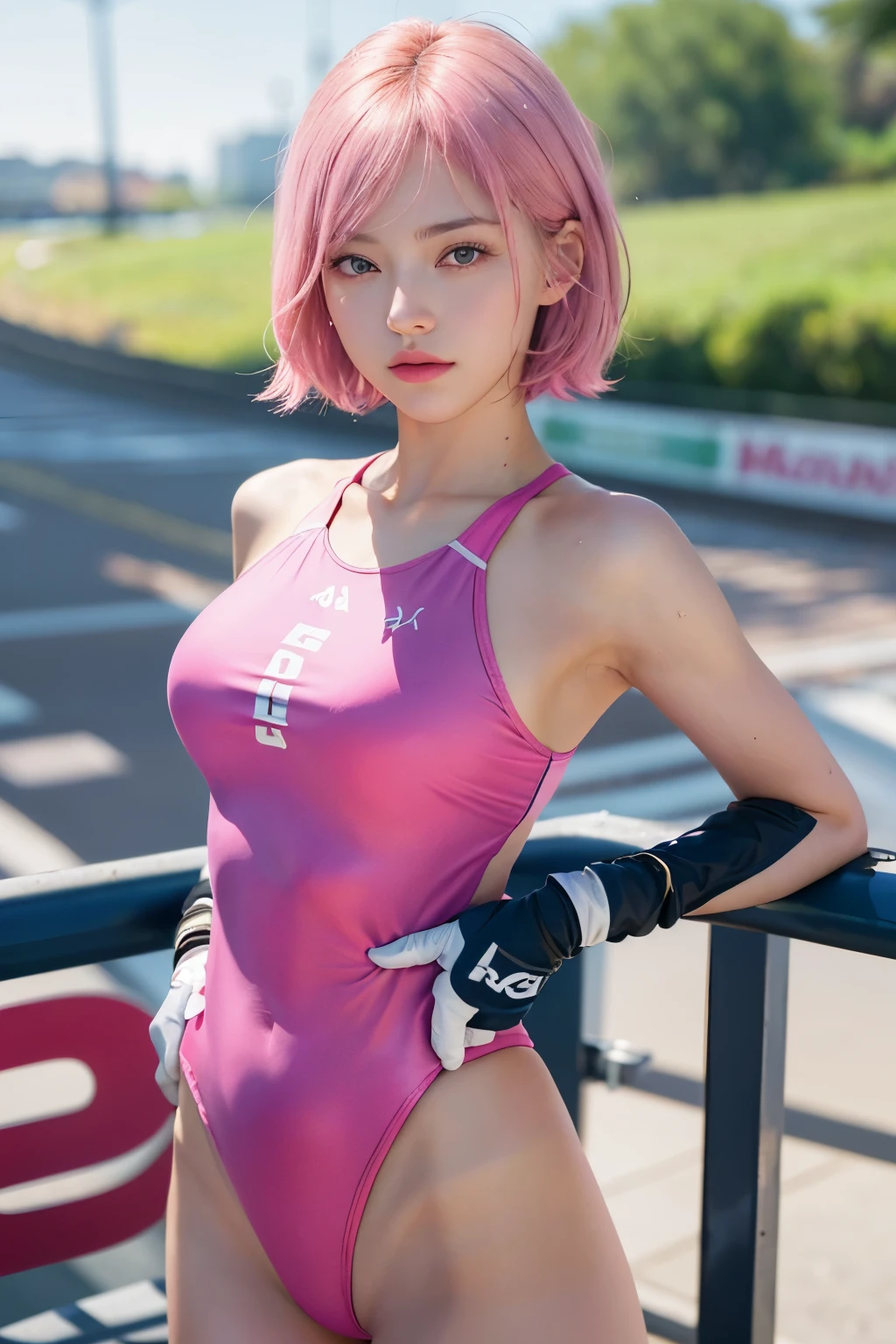 (8K, top-quality, masterpiece:1,2), (reallistic, Photorealsitic:1.37), Super Detail, One girl,), (Highly detailed), (beautifully detailed eyes), (of the highest quality), (super detailed ), (masterpiece), (Detailed face),20yr old, ,1 girl, full body, pink hair,Very short hair, medium breasts, clothed, Perfect Lighting, pussy and breast focus, looking at viewer, aroused face, naughty face, Track and field, (track and field uniforms, tight track and field uniforms, leotard), (standing, full length: 1.2), sweat, wet, (long gloves up to elbows, white gloves), clear sky, track and field