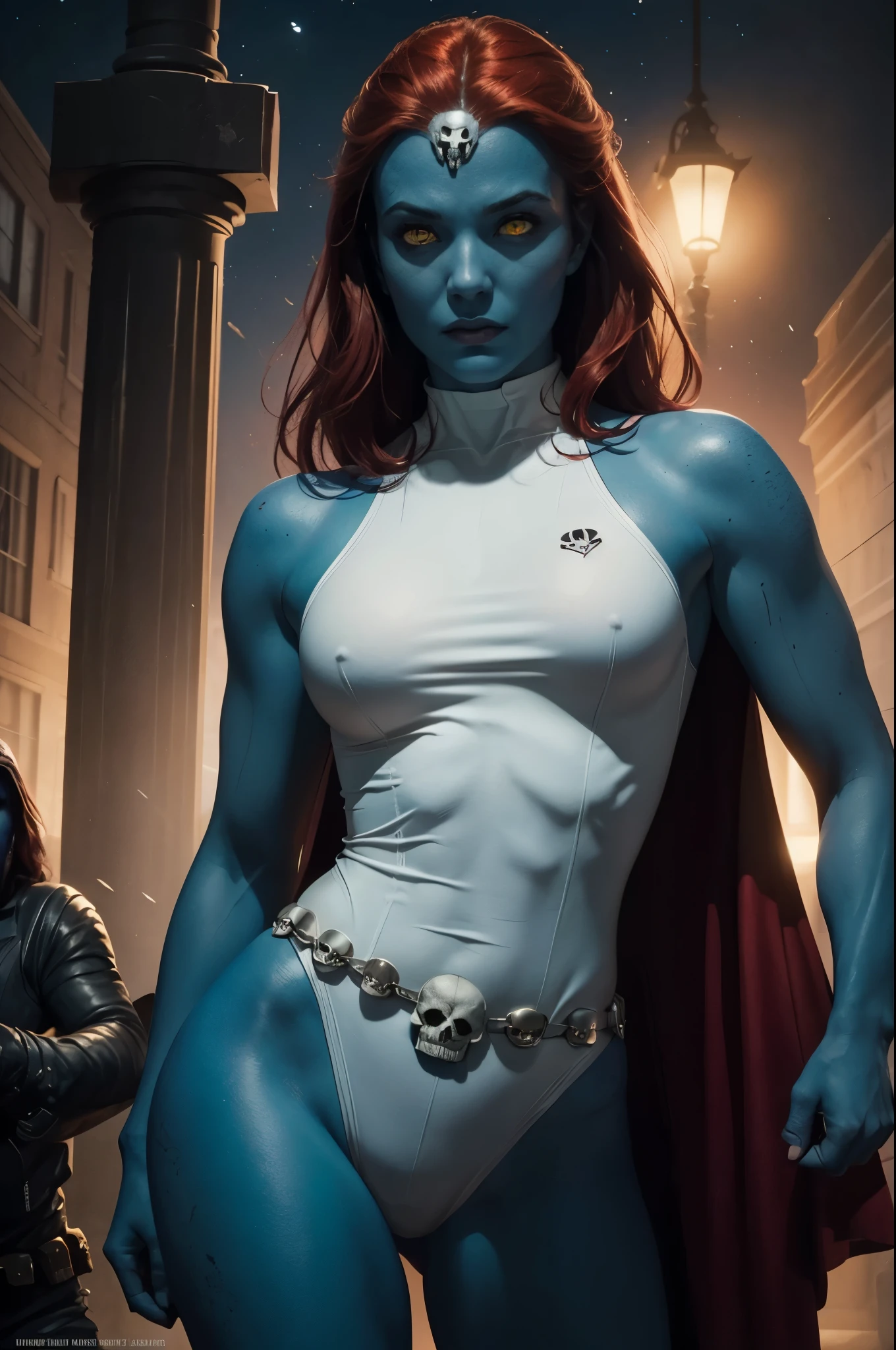 8k, mystique, on a scycraper, nighttime, (cool superhero pose), detailed pupils, white bodysuit, skull belt, masterpiece, best quality, detailed, comics style, (looking at viewer:1.25), 25 years old, blue skin, red hair, yellow eyes, small skull on forehead