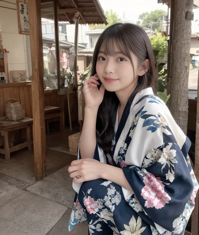 (ultra-detailliert、Raw photo、high-level image quality)、Beautiful yukata、A woman in her 30s wearing a yukata、a smile、Crouching composition