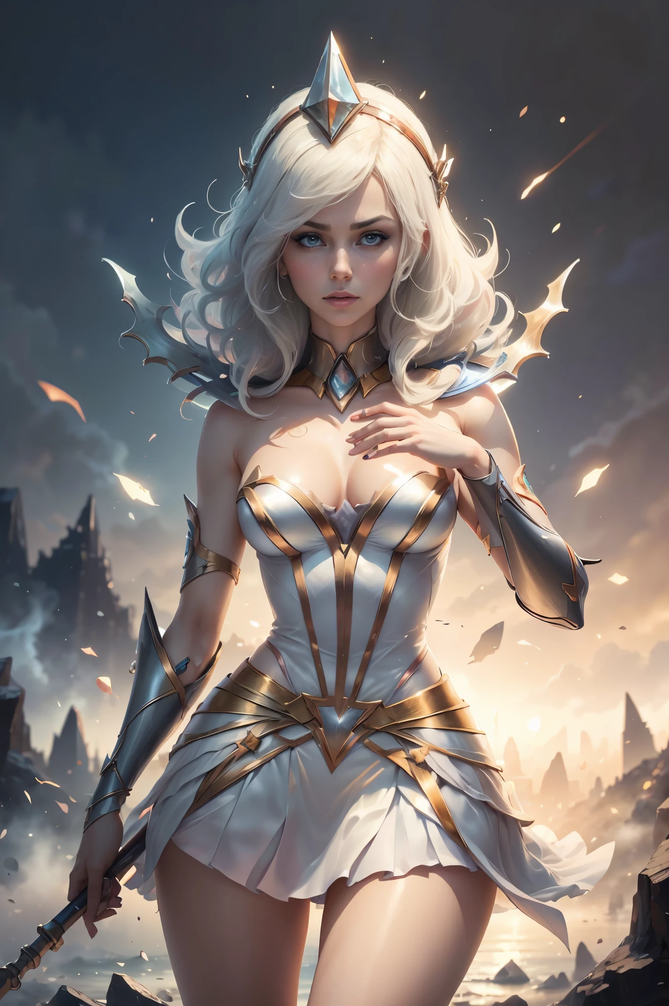 solamente, Super fine photo, Unreal Engine 5 8K UHD digital art portrait of a girl, Arte conceptual, character concept design, wearing a tight, shiny white dress with metallic details, corona de oro, ojos azules, fantasy princess, guante metalico, cabello largo y rubio, La mejor calidad, Obra maestra, Super detailed, foco nítido, pose Sujestiva y sexy y inocente y