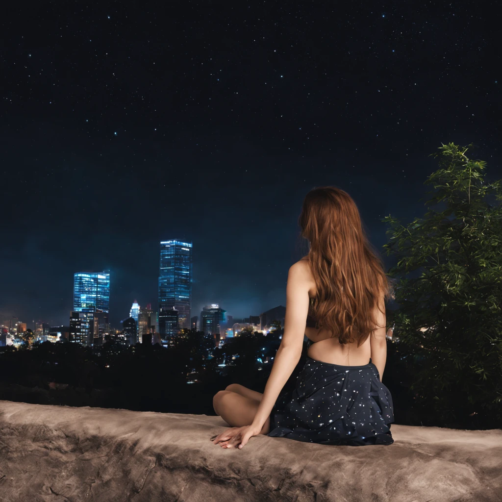 sky, star (sky), scenery, starry sky, night, 1girl, night sky, solo, outdoors, building, cloud, milky way, sitting, tree, long hair, city, silhouette, cityscape